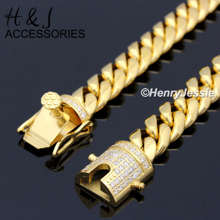 30″MEN Stainless Steel 12mm Gold Plated ICYCZ Miami Cuban Chain Necklace*GN158