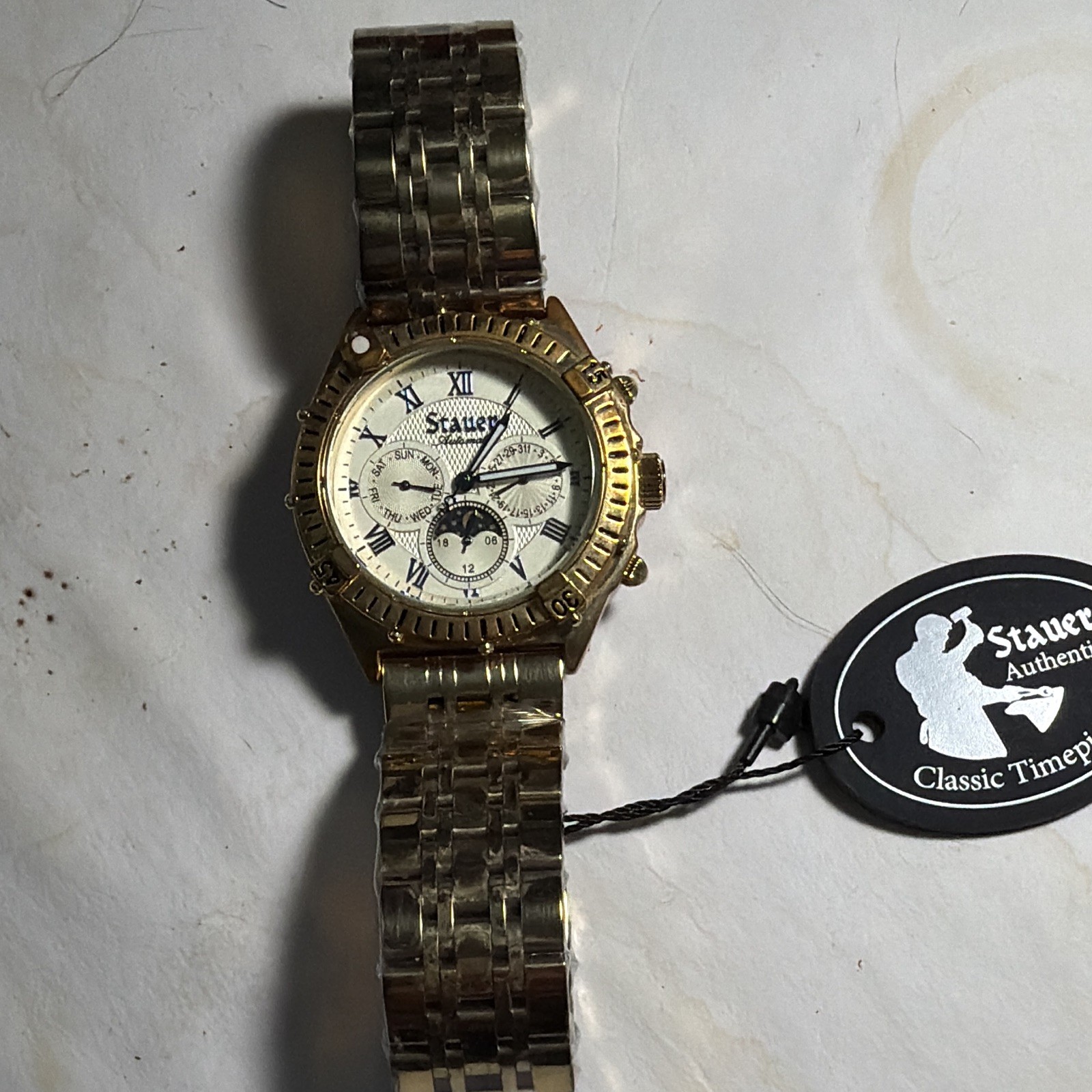 Stauer Magnificat II Automatic Moon Phase Day/Date Gold Tone Steel 42mm