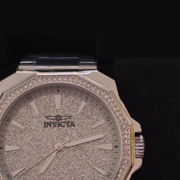 Invicta Quartz Analog Wristwatch Silver Octagon Case Gem-Set Bezel Steel Band