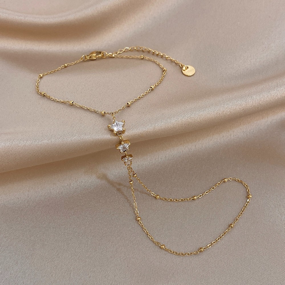 Star Finger Ring Bracelet Women Stainless Steel CZ Link Chain Hand Jewelry Gold