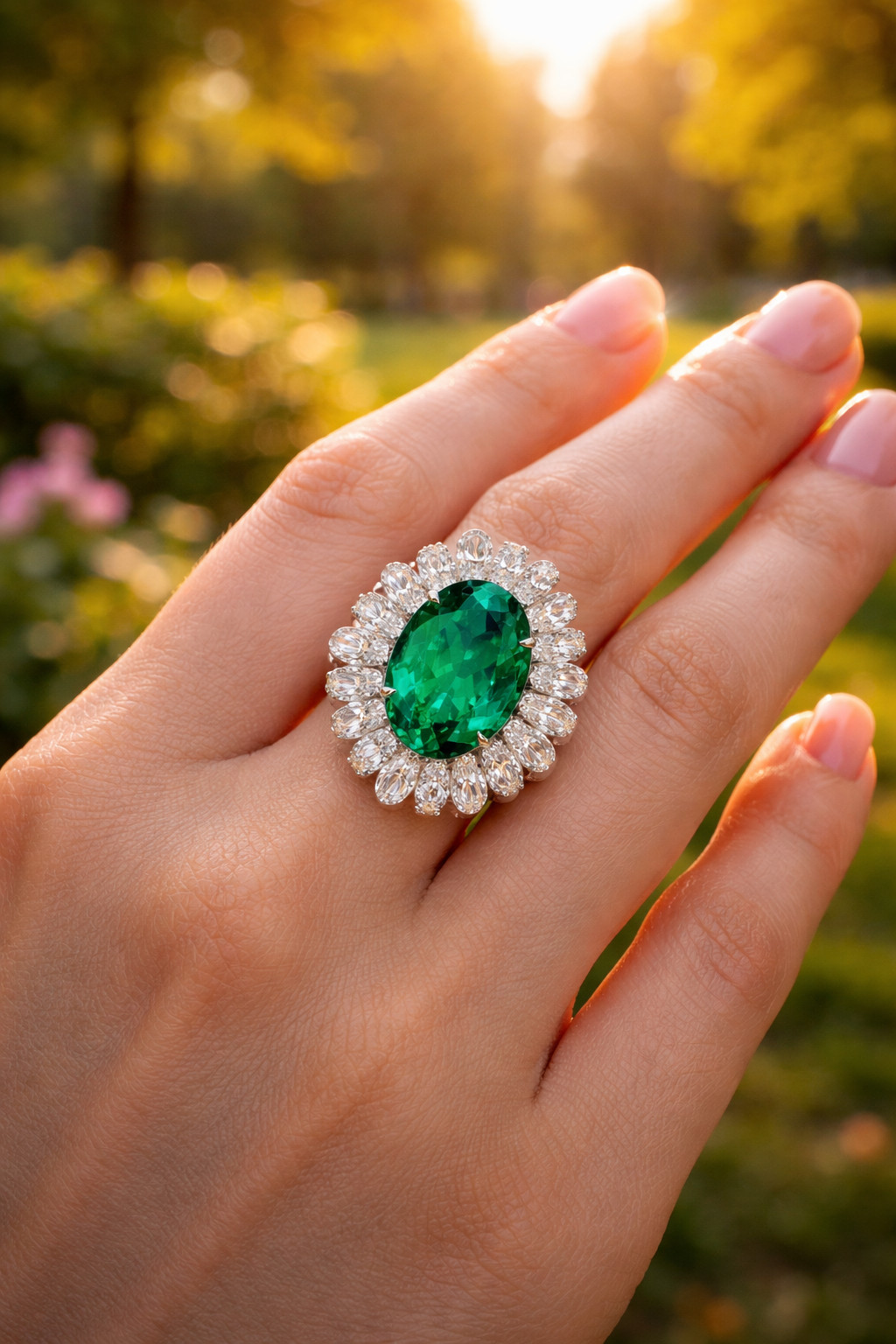 Oval Natural Emerald & Diamond Wedding Gift Ring 14k White Gold (Import Free)