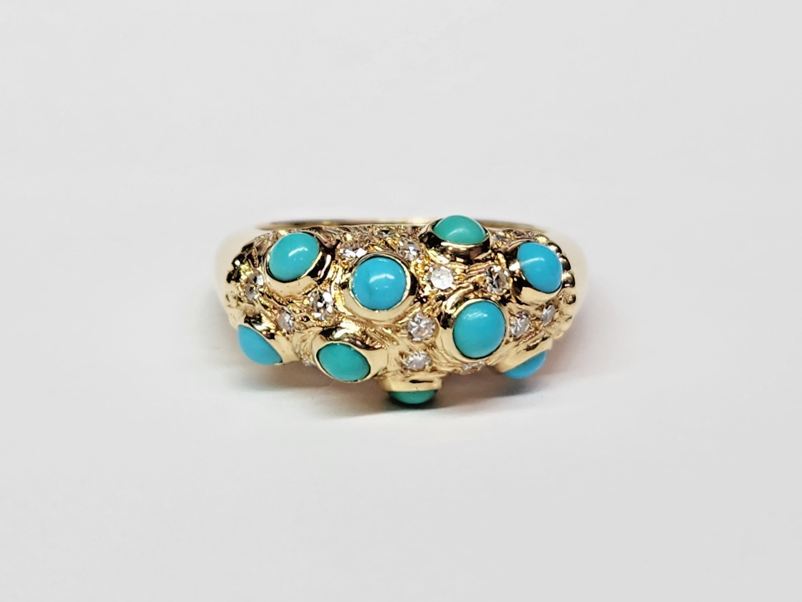 SPARKLY 17k Gold Multi-Turquoise Cabochon & Diamond Accent Dome Ring Sz 7.25