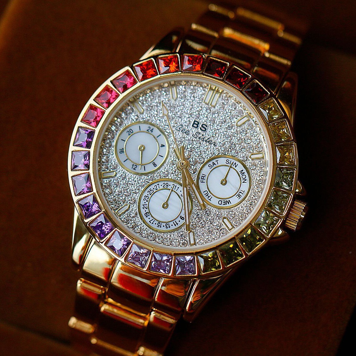 Rainbow Crystal Bezel Women Watch Gold Tone Colored Gems Women’s Wrist Watch