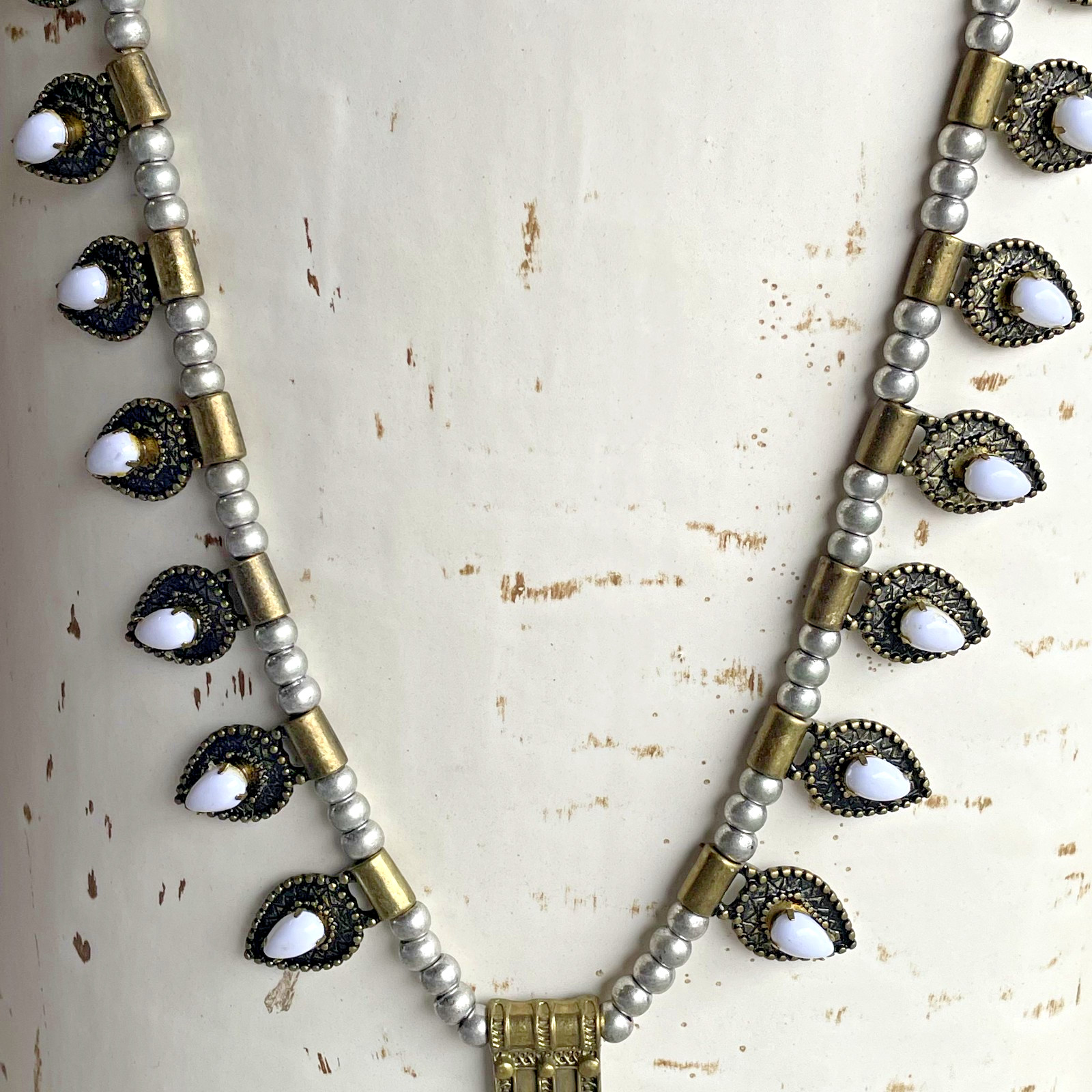 Vintage ELFE Italy White Resin Naja Squash Blossom Statement Pendant Necklace