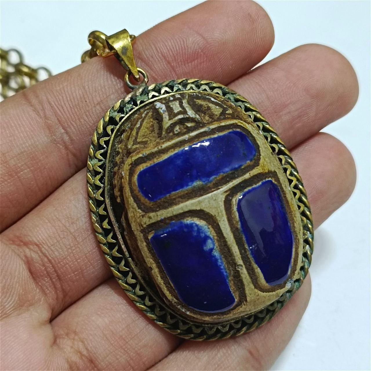 Vintage copper necklace with blue scarab pendant, ancient Egyptian style unique