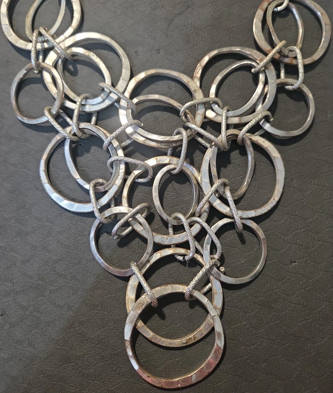 CHICO Silver Tone Statement Link Necklace Heavy Modern Mixed Ring Design 157g