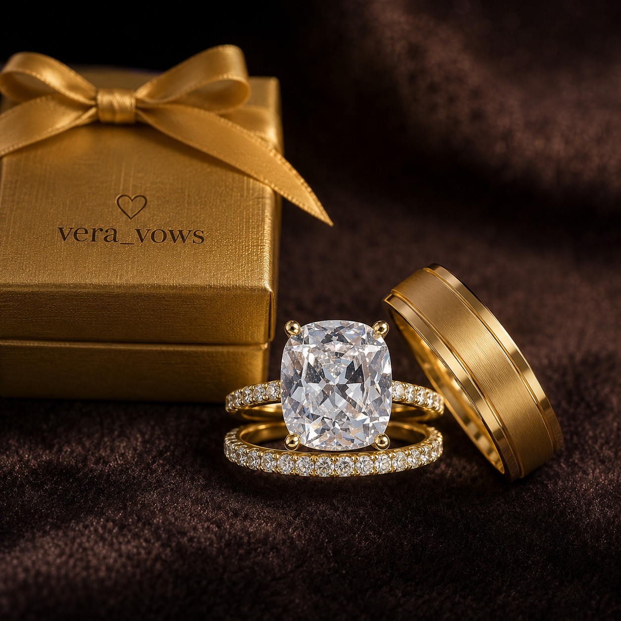 Cushion Pass Test Trio Ring Attractive 2Ct Moissanite 14k Yellow Gold Plated Set