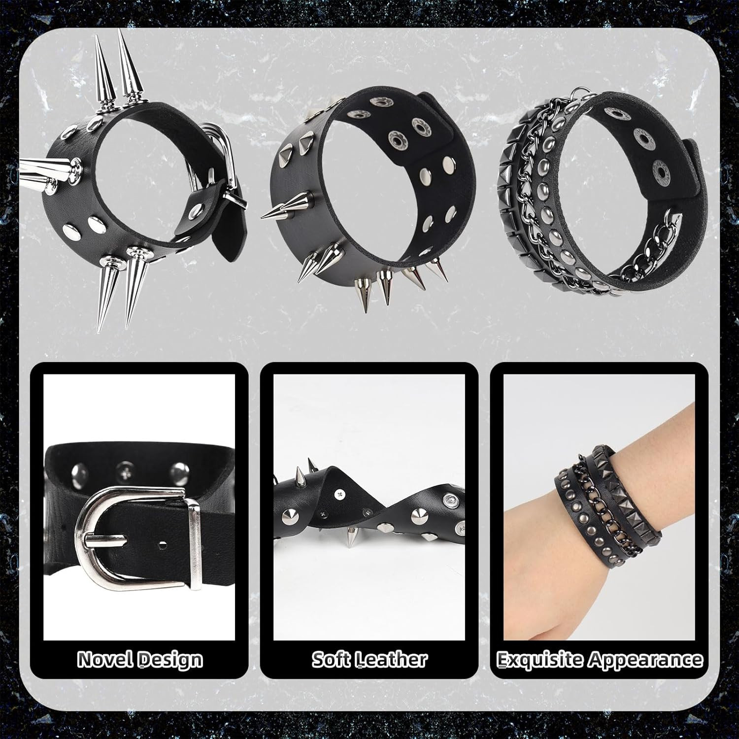 Punk Rock Emo Gothic Leather Studded Bracelet Set 6PCS Spike Rivet Wristbands