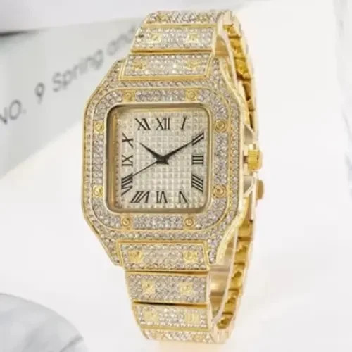 Iced Out Rhinestone Studded Watch Stainless Steel Strap Alloy Case Luxury Watch