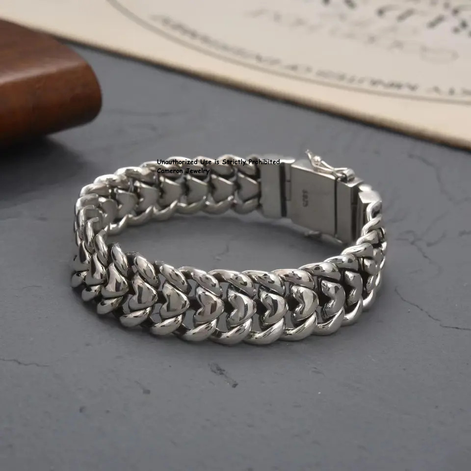 Pure S925 Sterling Silver Chain Men 16mm Curb Link Bracelet 87-88g 8.26inch L