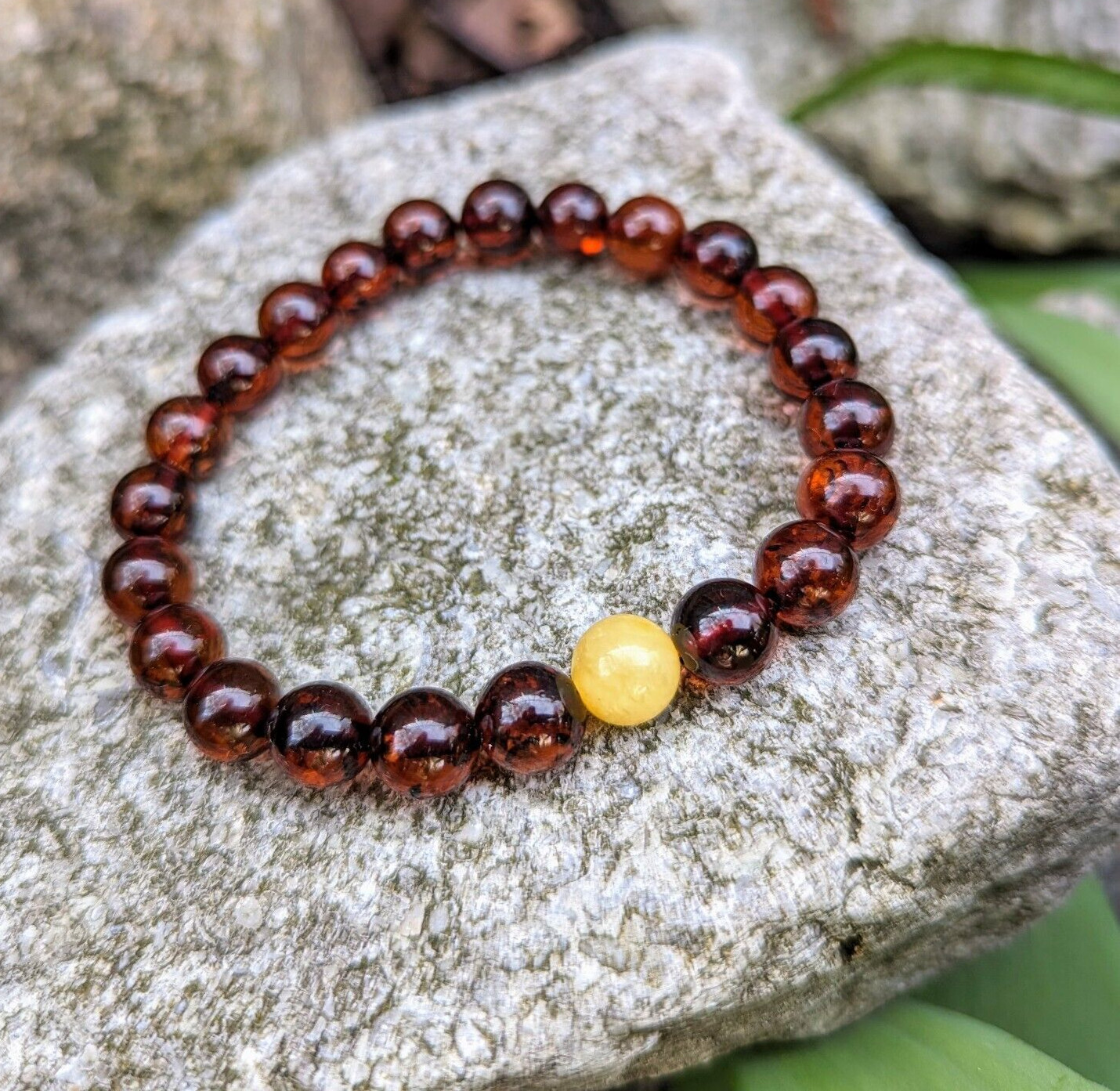 Amber Bracelet Natural Baltic 9mm Beads Round Cognac Stretch Bracelet