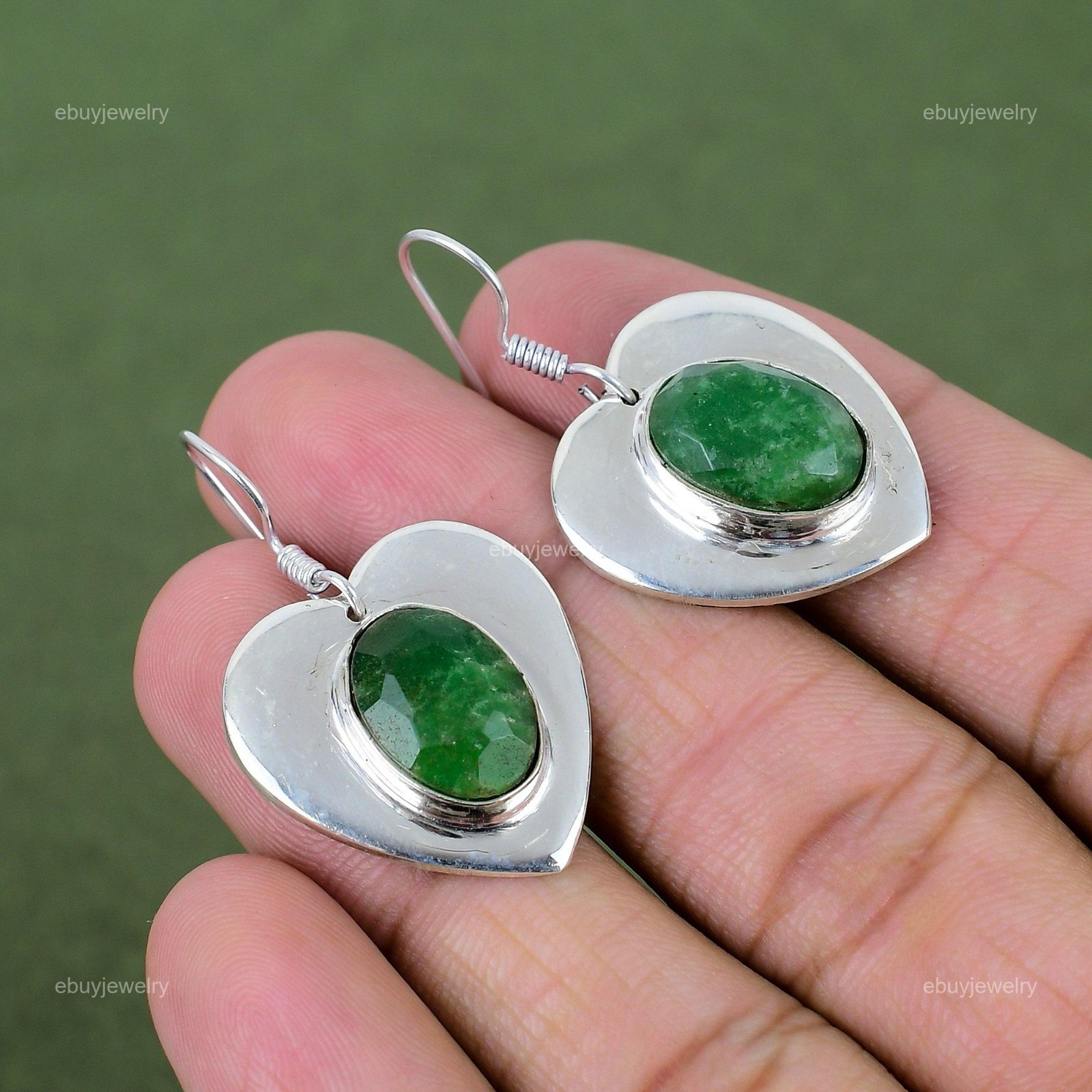 925 Sterling Silver Zambian Emerald Gemstone Dangle Drop Mother Heart Earrings