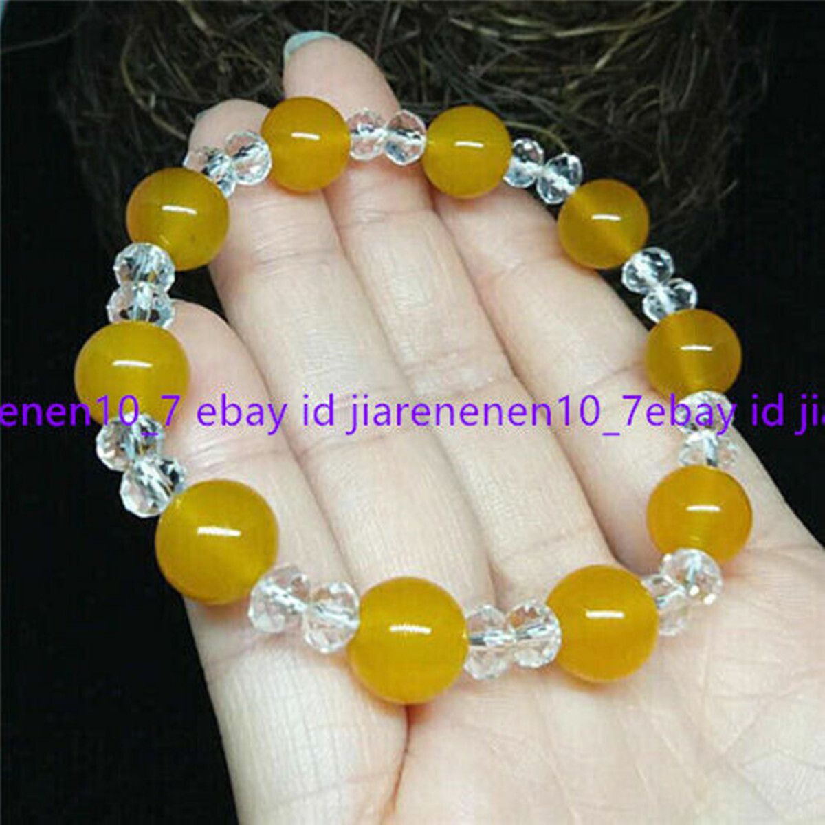 Natural 10mm Yellow Jade Round Gemstone White Roundelle Beads Bracelet 7.5″