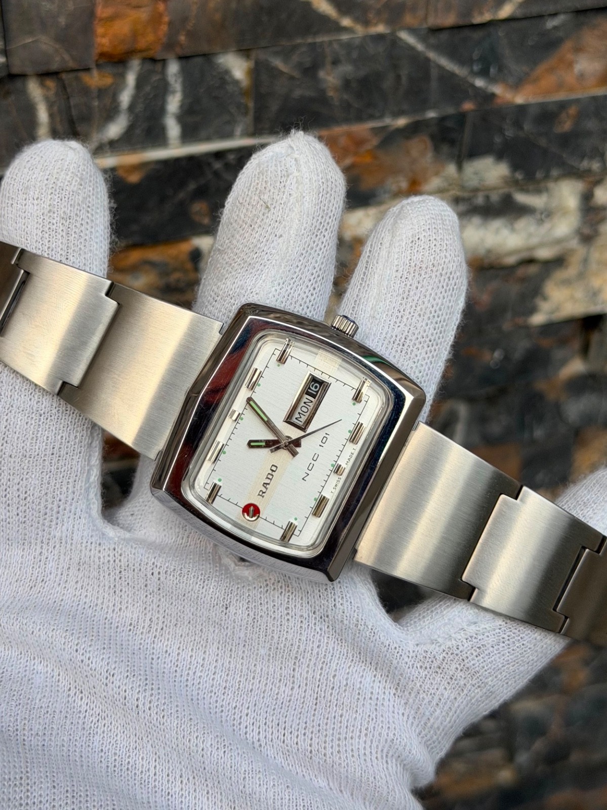 vintage Rado NCC 101 automatic watch featuring a silver TV-shaped case