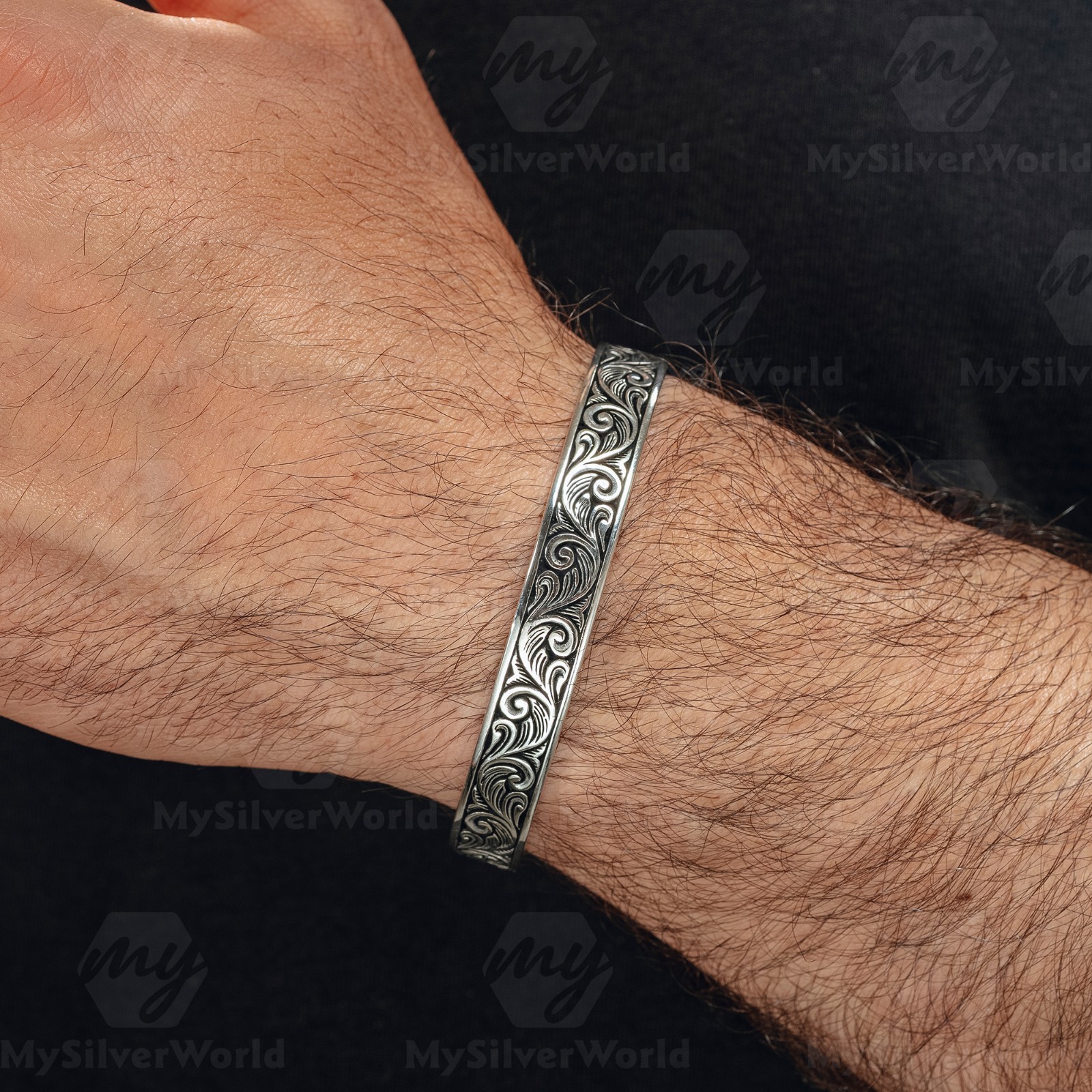 925 Sterling Silver Handmade Engraved Men’s Cuff Bracelet Adjustable