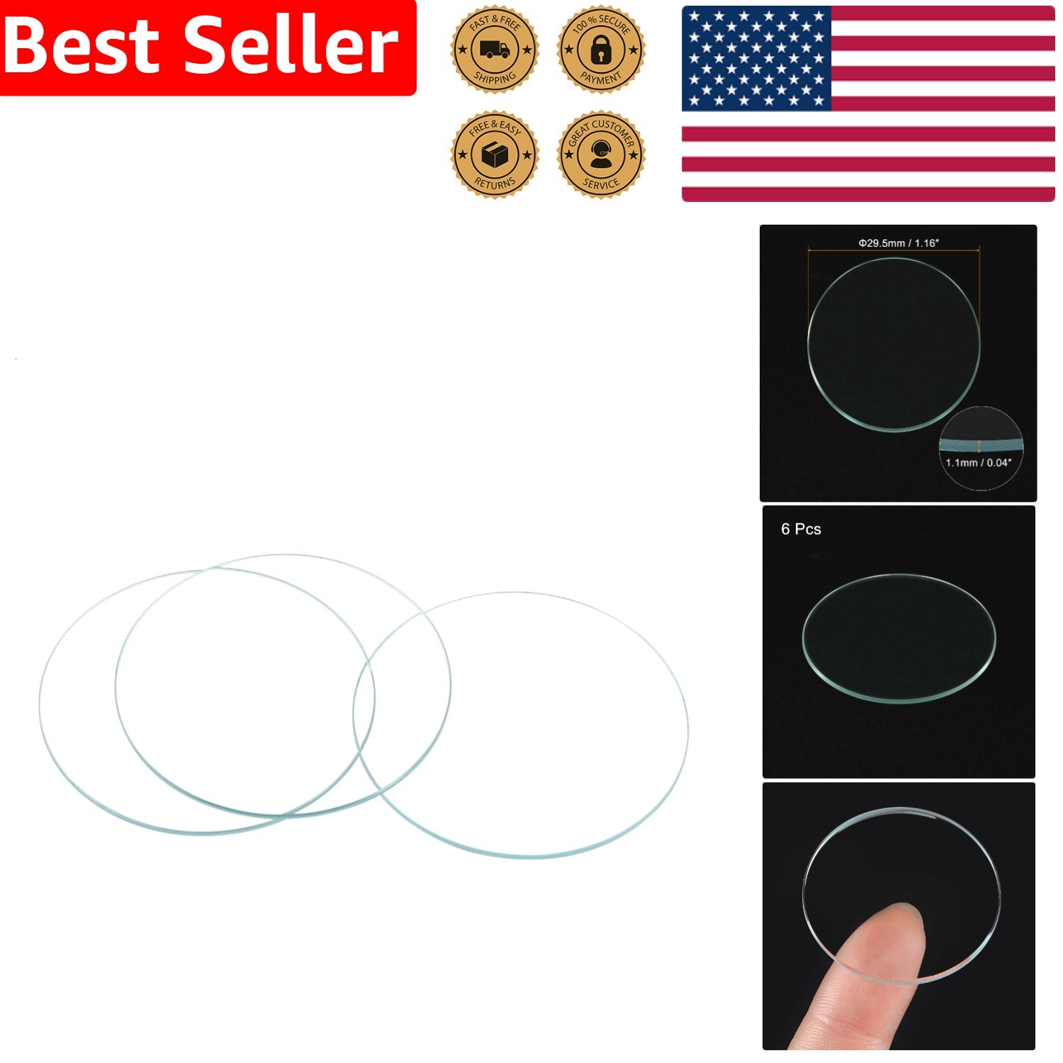 Watch Glass 29.5mm Round Clear Flat 6pc Optical Crystal Replacement Durable Part