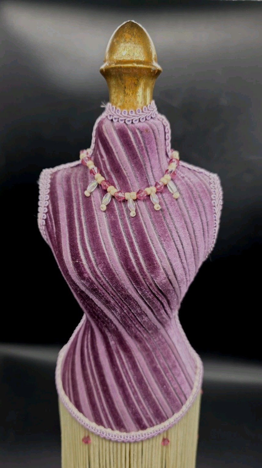 Vntg Flapper Style Table Top Bust Form Purple Velvet Fringe Mannequin 18¼”