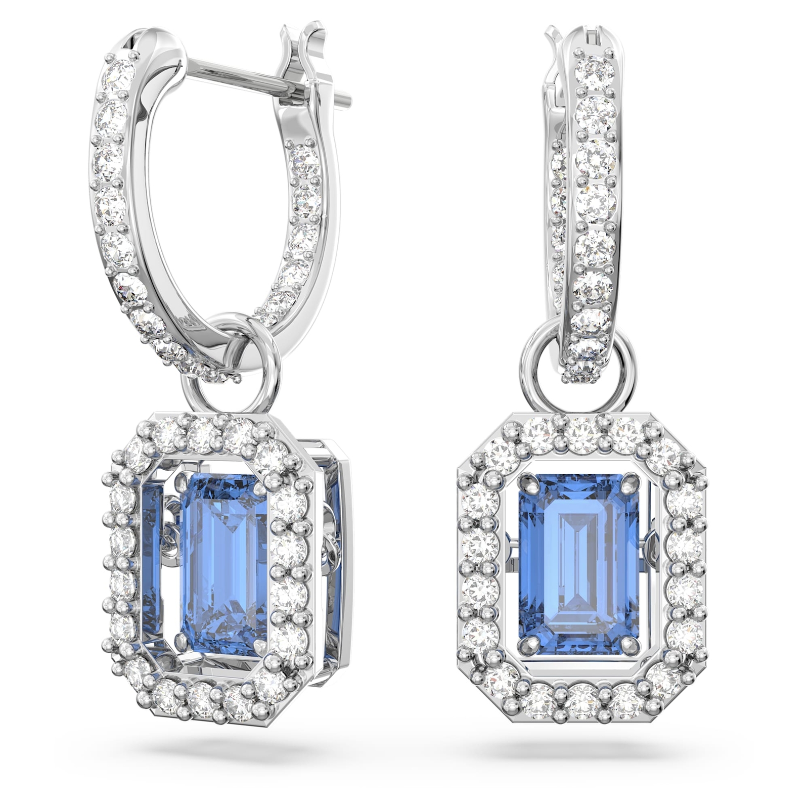 Swarovski Una Drop Earrings Octagon Cut Blue, Rhodium Plated 5619500