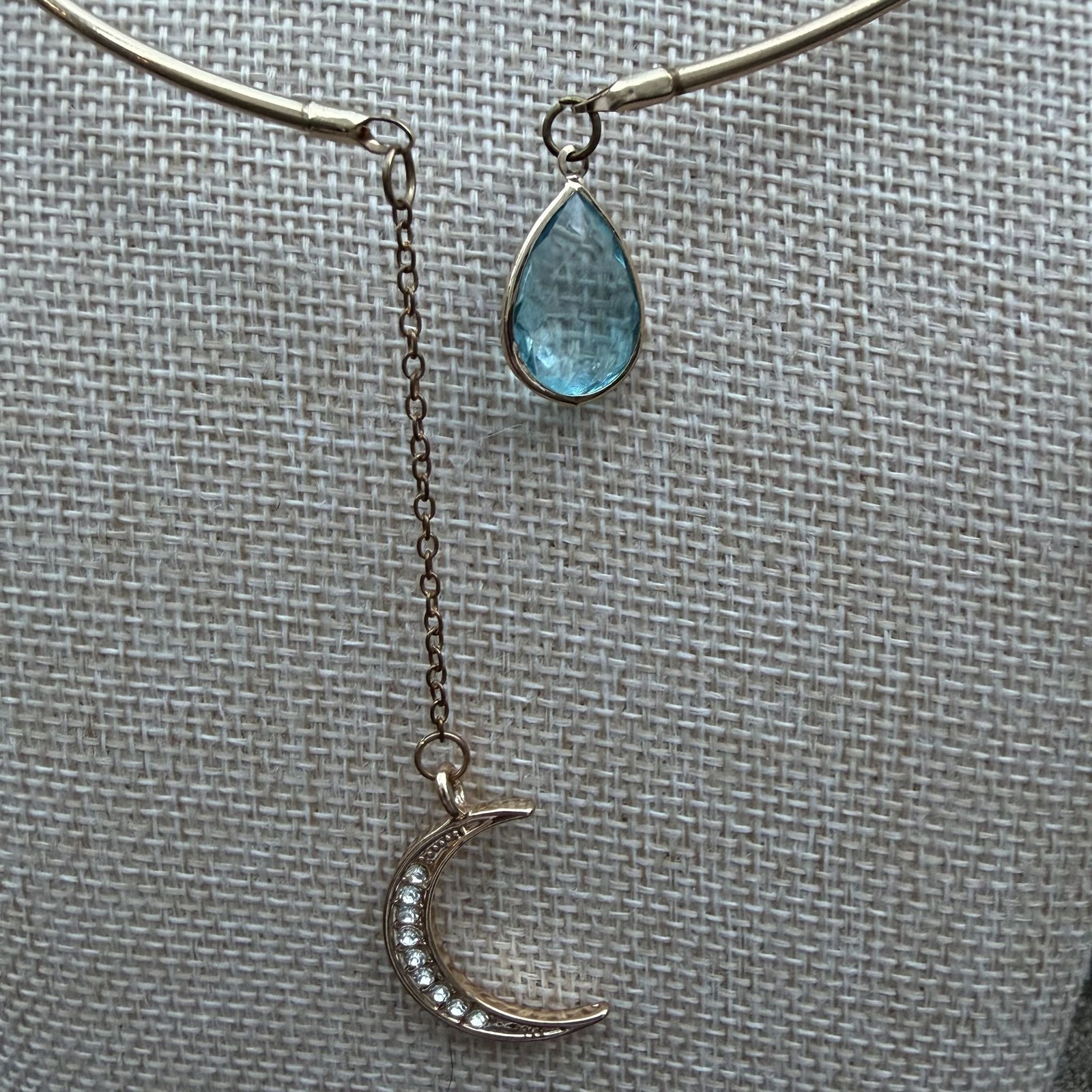 Gold Tone Crescent Moon Teardrop Aquamarine Rhinestone Open Collar Choker