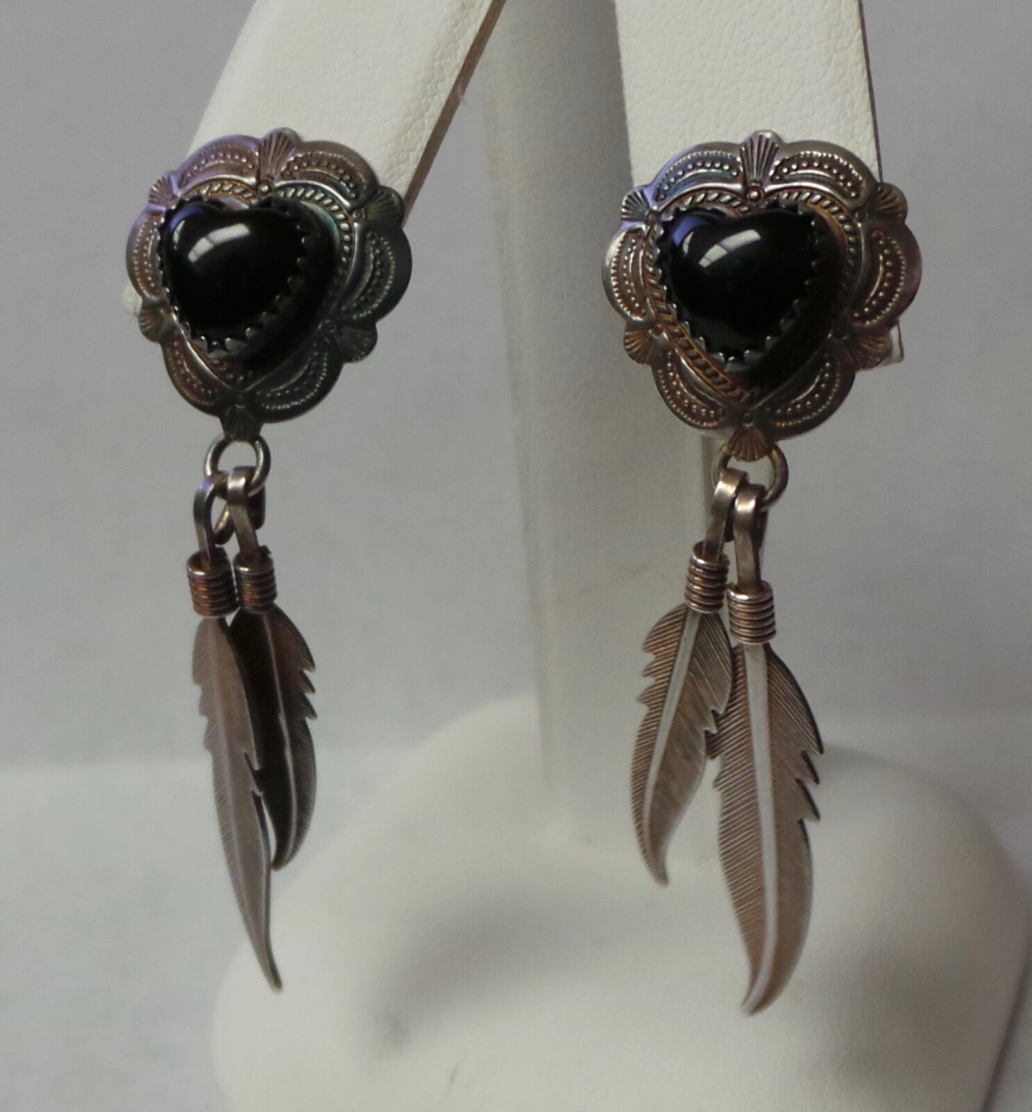Vintage Sterling Silver Onyx Dangle Feather Earrings 6g 2″ M Hallmark