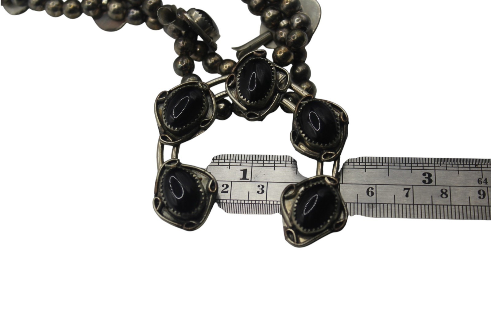 Vintage Silver Tone Black Onyx Squash Blossom Statement 24in Western Nickle
