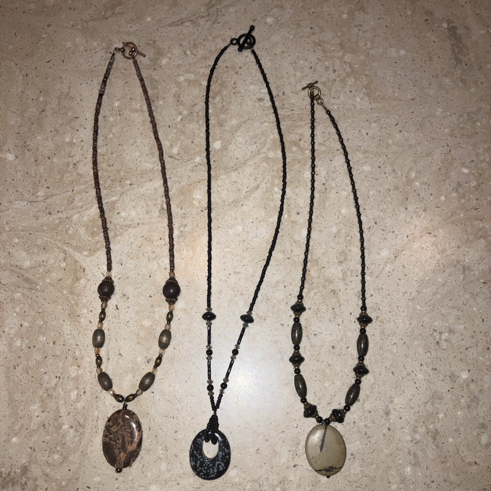 Stone Pendant Beaded Necklaces Set Of 3 Black Brown Tan Gold Bronze