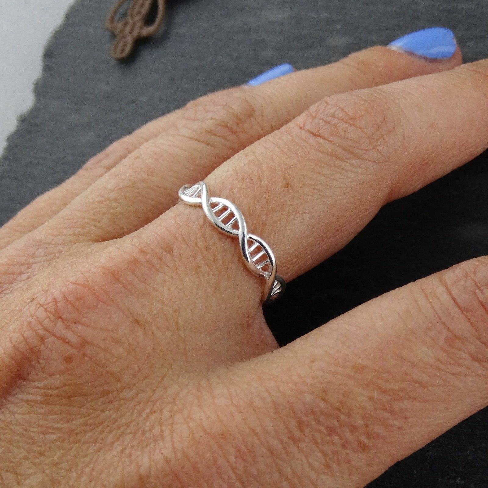 DNA Molecule Double Helix Ring -925 Sterling Silver Band Sizes 6-10 Science NEW