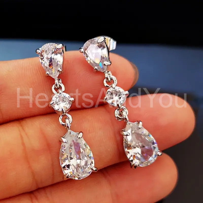 3ct Pear Cut Moissanite Three Stone Drop Dangle Earrings 14K White Gold Plated