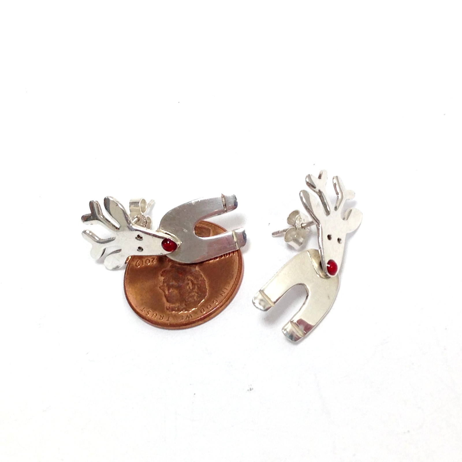 Anne & Jane Harvey 925 Sterling Silver Rudolph Red Nose Reindeer Dangle Earrings