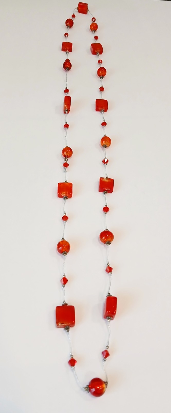 Vintage 36″ Multi-Shape Red Art Glass Station Necklace~36.3g~Single Strand 😍