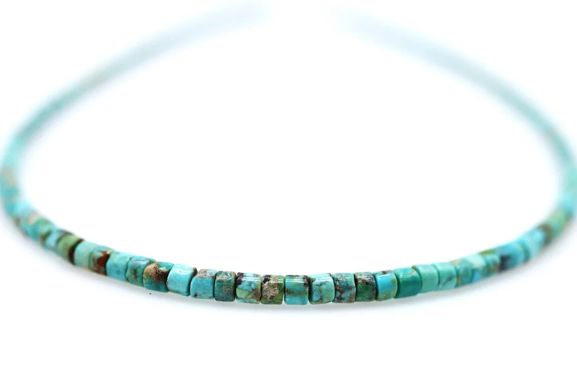 Tiny Micro 3mm Kingman Turquoise Beaded Necklace, Turquoise Heishi Bead Necklace