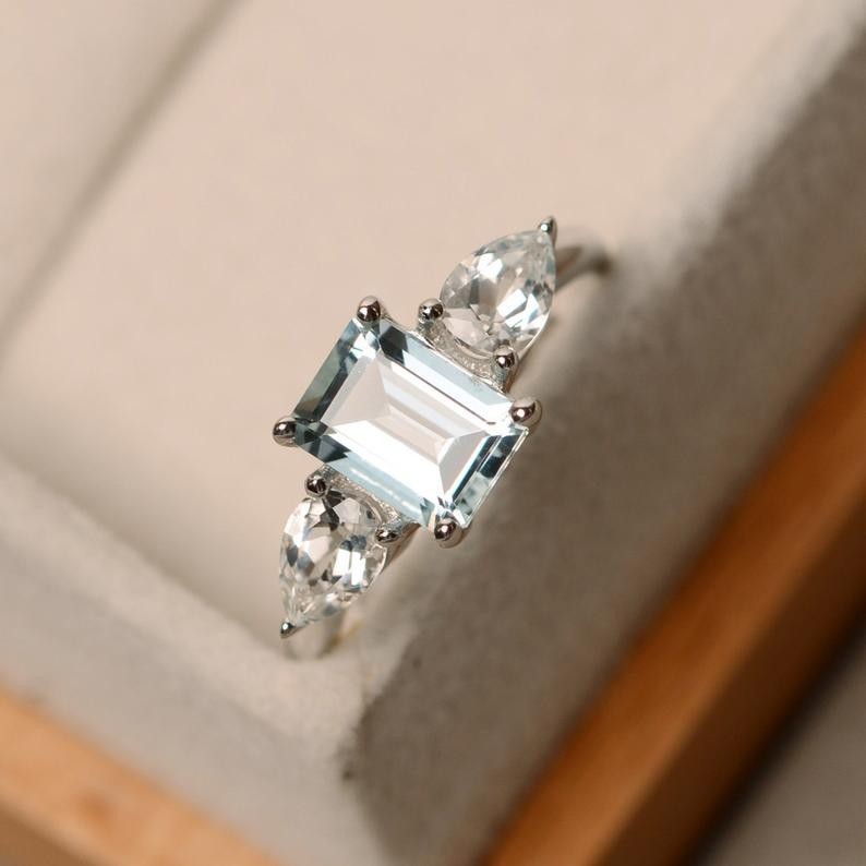 3.00 Ct Emerald Cut Natural Aquamarine Diamond Ring 14K Solid White Gold Size 7