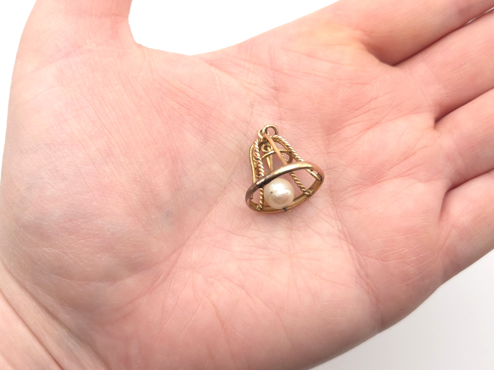 Vintage 14k Solid Gold & Pearl Movable Openwork Bell Pendant or Charm 2.4grams
