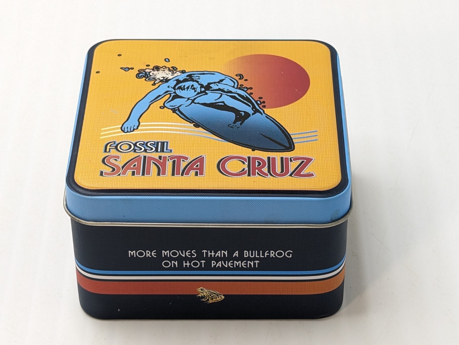 Fossil Empty Metal Watch Tin Box Santa Cruz Surfer 3.5×3.5×2.5″ RARE Ships Free