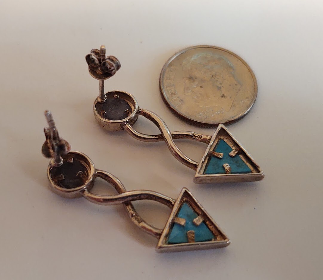 REAL STERLING SILVER Turquoise Triangles Stud Dangle Earrings ((C47))