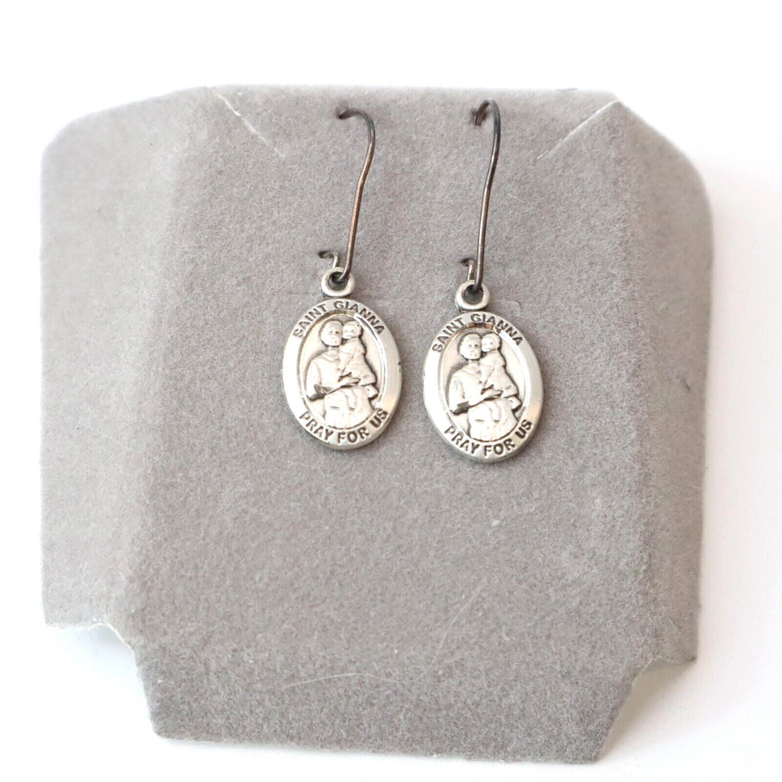 925 Sterling Bliss Vintage Saint Gianna Pray For Us Religious Medal Earrings