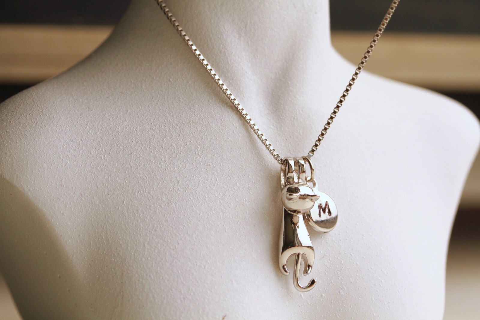 Cat Necklace Sterling Silver Initial Engraved Gift Girlfriend Women