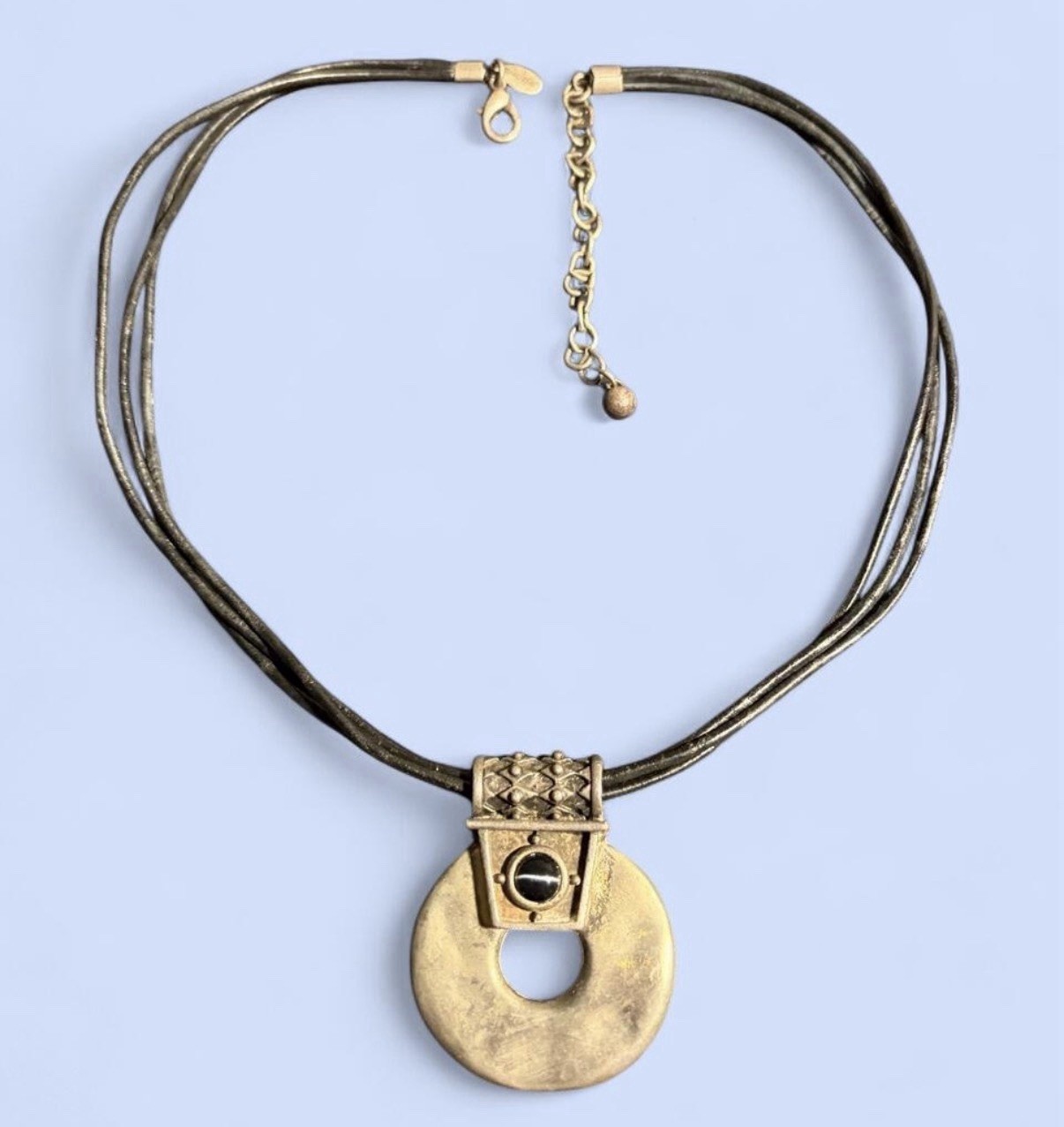 Vintage Chicos Signed Brutalist Ring Pendant Necklace Multi Strand Bronze Black