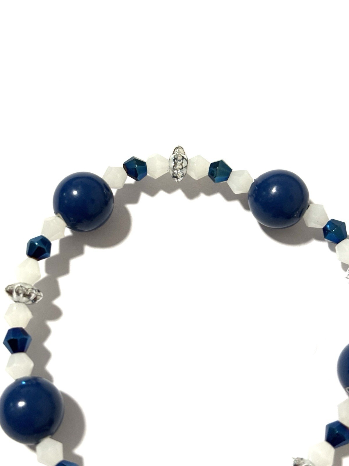 Blue White Silver Round Bead Beaded Stretch Bracelet Sizable 18 cm