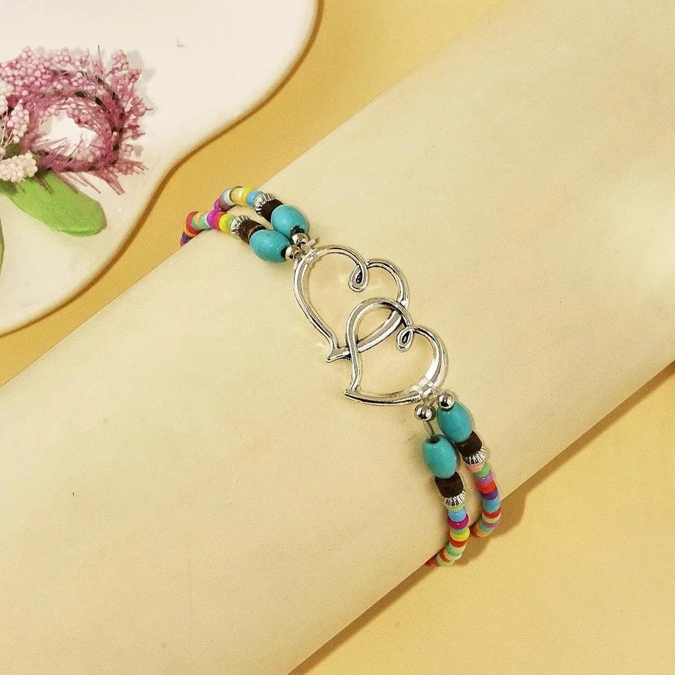 Elastic Beaded Ankle Bracelets for Women Double Heart Layered Stretch Ankle Brac