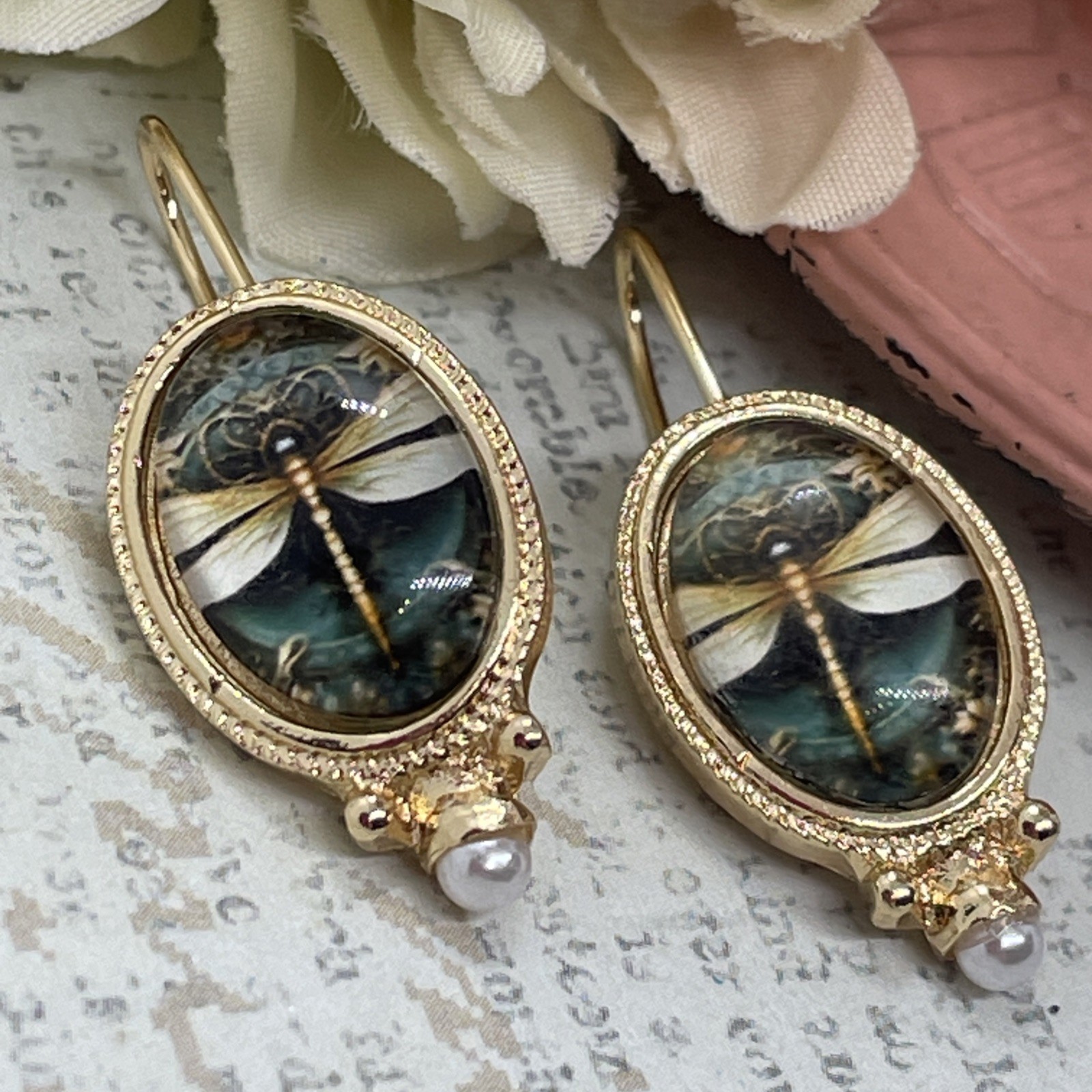 Gold plate Pearl Dragonfly Wire Purple Earrings Spring Gift Mom Birthday Wife