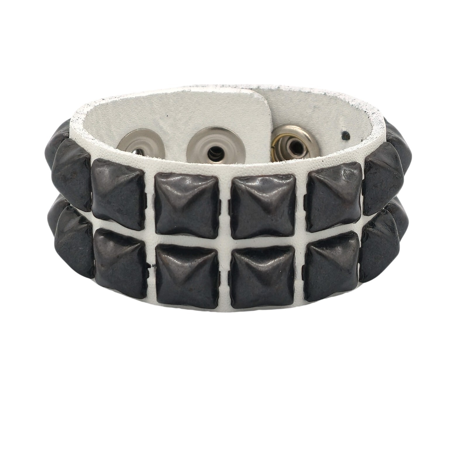 Genuine Leather Black Studded White Pyramid Stud Bracelet Punk Goth Wrist Cuff