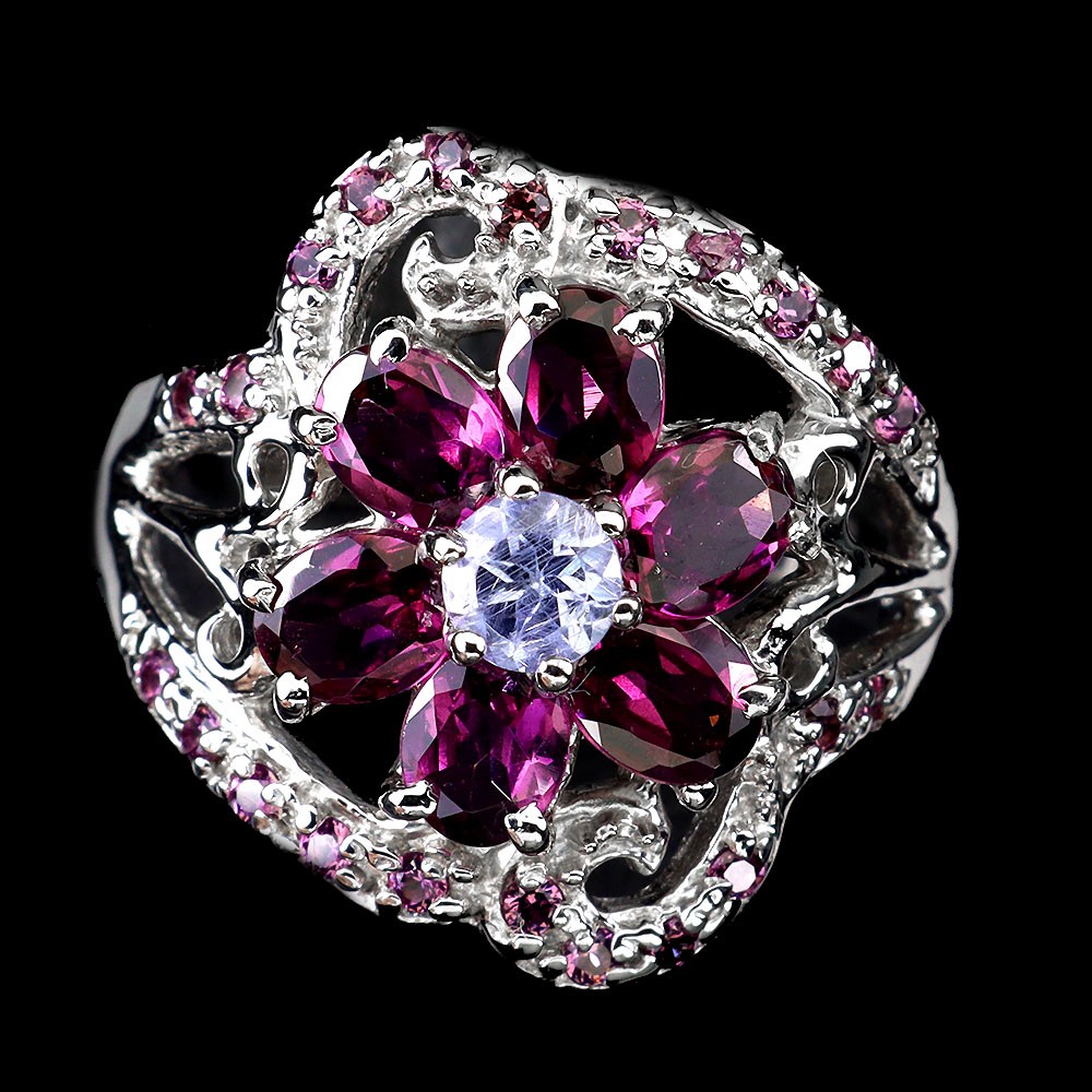 925 Sterling Silver Ring Oval Rhodolite Garnet Tanzanite Natural Gemstone Size 9