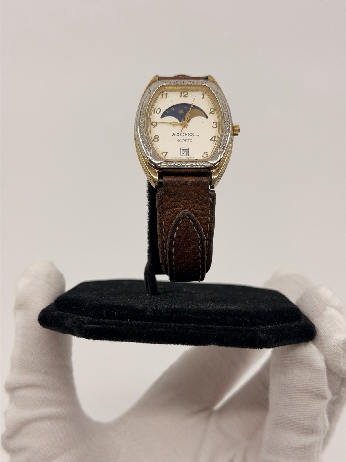 Vintage AXCESS Moon Phase Quartz Watch French Movt Date Western Leather Band