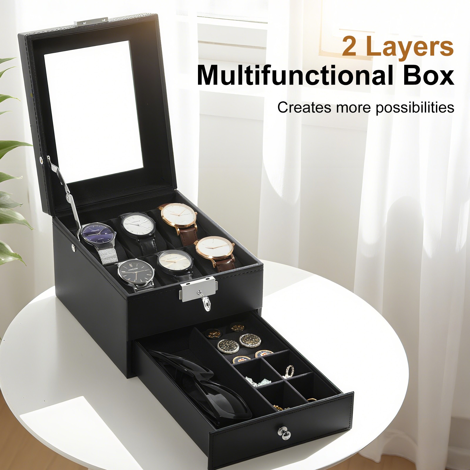 6 Slots Watch Box PU Leather Watch Case Jewelry Storage Glass Lid Display Case