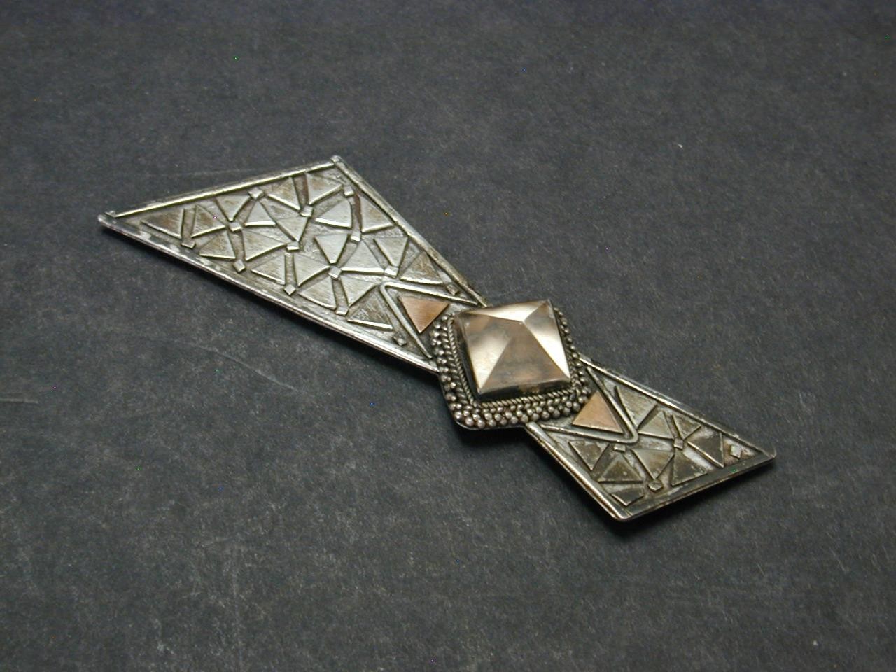Vtg MCM Studio Modernist Sterling Copper Textured Quartz? Bow Brooch Pin Silver