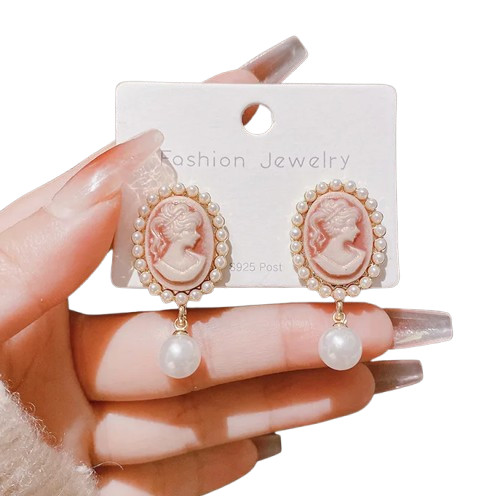 Lady Cameo Vintage Style Pink Pearl White Gold-Plated Dangle Earring ER1487