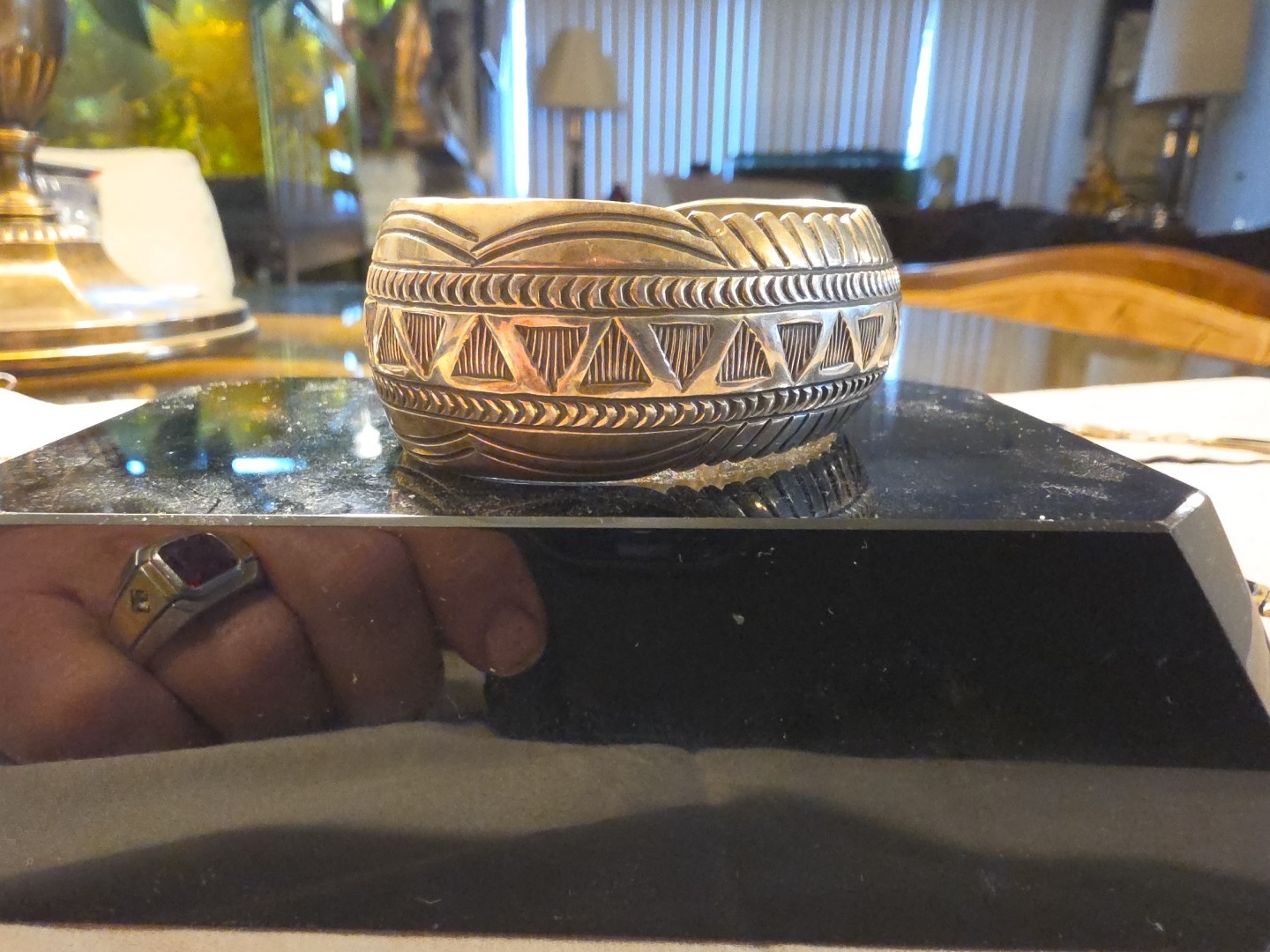 Vintage Carson Blackgoat Navajo Sterling Silver Stamped Cuff. Signed.