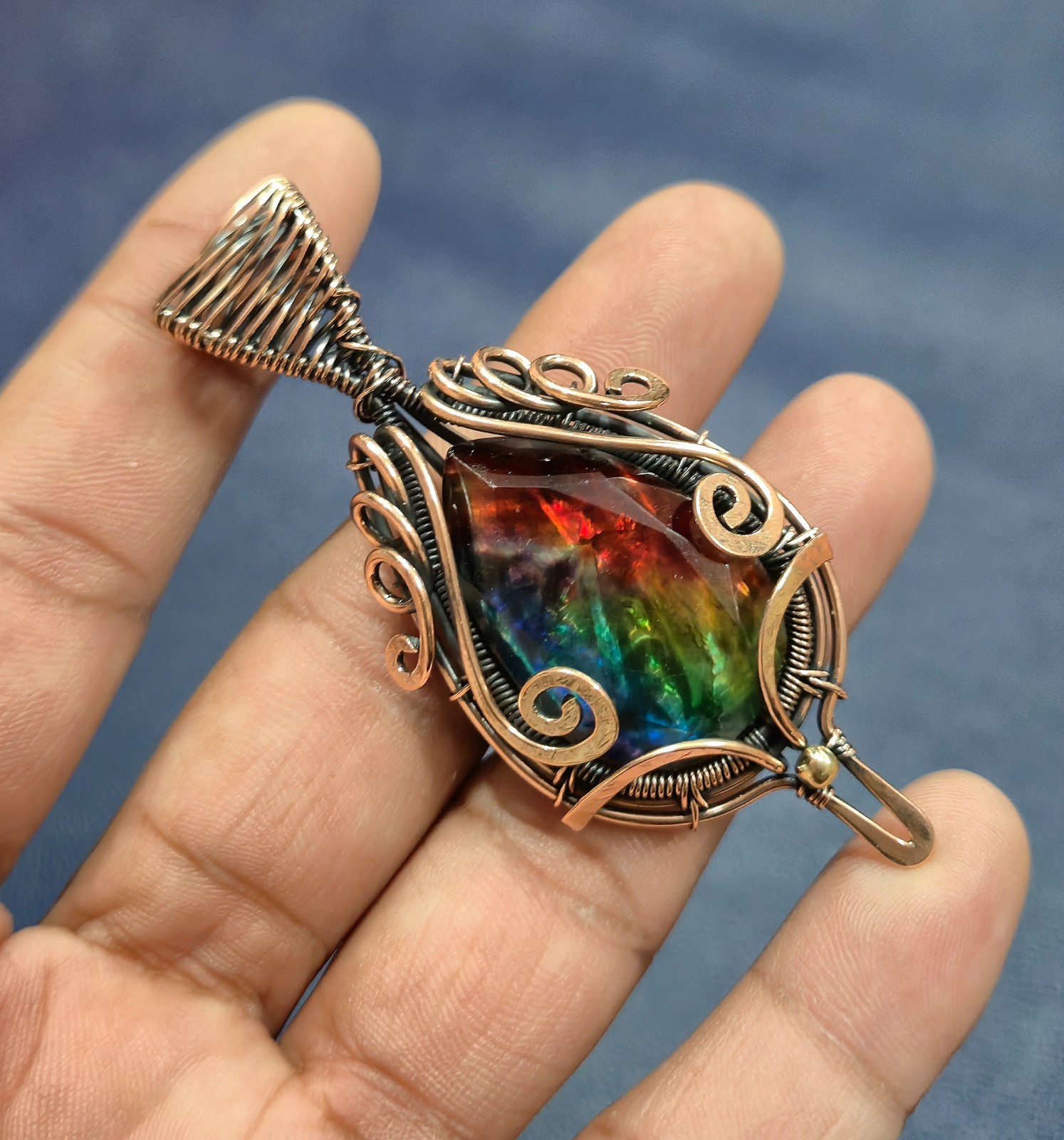 Faceted Ammolite Pendant Copper Wire Wrapped Jewelry Handmade Gem Jewelry