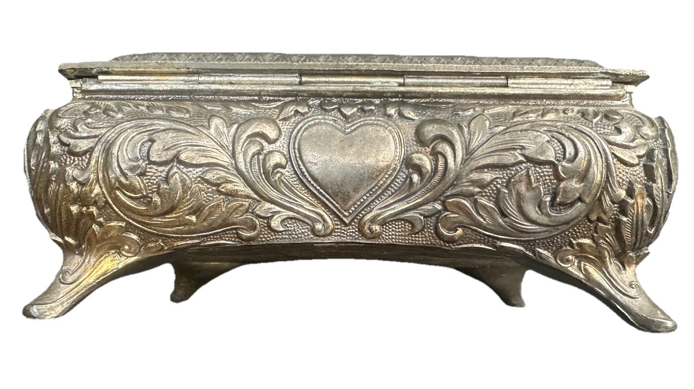 Silver Red Velvet Lined JAPAN Heavy Ornate Jewelry Keepsake Box Footed Vintage